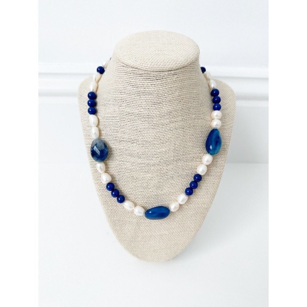 NWT Genuine Sodalite, Glass & Pearls Necklace Blue White Beaded
